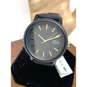 Lacoste Men's Watch 2011233 Quartz Gold Black Dial Textured Rubber Band 42mm